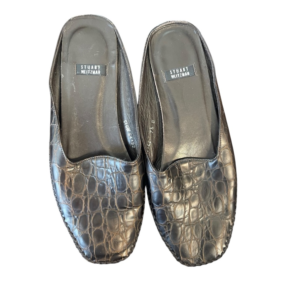 Stuart Weitzman Slide On Loafers in Brown Crocodile Embossed Leather Women's 7.5